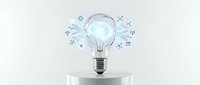 Light bulb with glowing brain and digital icons floating around it on white background, representing innovation, creativity, and smart ideas for business and technology concepts.