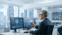 Middle-aged Caucasian businessman analyzing cloud computing data on dual monitors in modern office with city skyline view for technology presentations.
