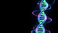 Glowing DNA double helix structure with colorful neon lights on black background for genetic research and biotechnology concepts.