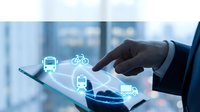 Hand holding tablet displaying glowing transportation icons including cars, bicycles, and buses for logistics, delivery, and smart mobility solutions.