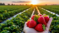 Fresh ripe strawberries in hand at sunrise over green farm field rows. Organic fruit harvest concept for healthy eating and agriculture marketing.