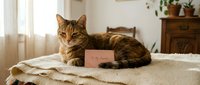 Adorable tabby cat relaxing on cozy knitted blanket with pink gift card in bright modern bedroom interior for pet lifestyle and home comfort themes.