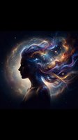Woman silhouette with cosmic galaxy hair flowing with stars and nebula colors against dark space background for creative design projects.