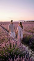 Couple holding hands walking through blooming lavender field at sunset, enjoying romantic moment in countryside landscape with mountains in background.