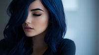 Young woman with vibrant blue hair and closed eyes in contemplative pose against soft blurred background for beauty and fashion concepts.