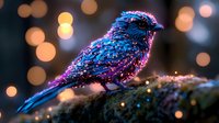 Magical glowing bird in blue and pink neon colors perched on mossy branch against blurred bokeh lights background, creating dreamy night atmosphere.
