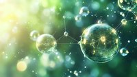 Glowing spheres with connected light points float in green ethereal space, creating magical network effect with bokeh and lens flares in dreamy atmosphere.