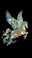 Ornate mythical winged horse with intricate blue, green, and gold decorative patterns, isolated on transparent background. Ready for t-shirt design, clipart, stickers, sublimation, and print-on-demand products.