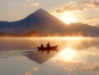 Silhouettes of two people paddling canoe on misty mountain lake at golden sunrise, dramatic sky and peaceful water reflection creating serene outdoor scene.