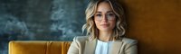 Young professional businesswoman with blonde wavy hair and glasses sitting on yellow sofa, wearing beige blazer and white blouse, expressing confidence and success.