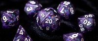 Purple polyhedral dice set with metallic numbers on black surface for tabletop gaming, role-playing games, and dungeon adventures.