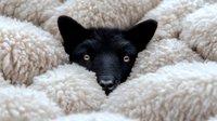 Black puppy with bright eyes peeking out from soft beige blanket, creating adorable contrast between dark fur and cozy textile. Perfect for pet care and comfort themes.