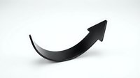 Black curved arrow pointing upward and forward on white background isolated for business growth presentations and design projects.