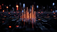 Glowing orange light bars rise from digital circuit grid surface with dramatic perspective, creating futuristic technology visualization against dark background.