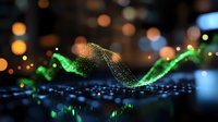 Abstract green glowing wave pattern with bokeh lights on dark background, digital network visualization with flowing particles and light effects.