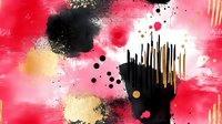 Abstract red pink gold black paint splashes drips splatters grunge texture background for creative design projects and artistic compositions.