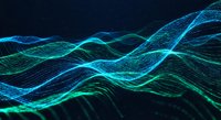 Digital wave particles flowing in cyan and green colors creating abstract data visualization pattern on dark background for technology concepts.