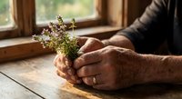 Senior man hands gently holding small potted flowering plant by wooden window, symbolizing care, growth, nurturing nature and environmental connection.
