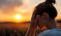 Young Asian woman with hand on face looking down against golden sunset sky and wheat field, expressing contemplation and emotional moment.