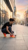 Female athlete in black shirt and blue leggings tying neon orange sneakers on urban street at golden hour sunrise. Runner preparing for morning workout in city.