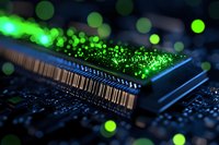 Computer memory module with glowing green bokeh lights on dark background, close-up view of RAM stick on motherboard circuit showing modern technology.