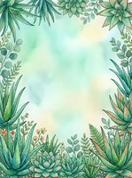 Watercolor botanical frame with succulents, tropical leaves and plants creating decorative border on soft green background for wedding invitations.
