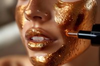 Close-up beauty portrait of African American woman with glossy golden makeup and honey drips on face. Luxury cosmetic application concept perfect for beauty and skincare advertising.