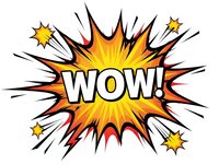 Comic book explosion burst with WOW text in bold letters surrounded by dynamic starburst rays and decorative stars on transparent background for graphic design.