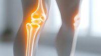 Glowing knee joint x-ray visualization showing skeletal anatomy in orange light against blurred background, medical concept for orthopedic treatment and joint pain diagnosis.