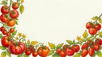 Ripe red tomatoes with green leaves and yellow flowers arranged as decorative border frame on isolated cream background, ready for design use.