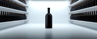 Dark glass bottle silhouetted against white background with rows of bottles creating dramatic perspective and depth. Minimalist composition for wine or spirits advertising.