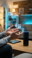 Smart home automation concept with hands controlling IoT devices through voice assistant speaker displaying temperature and lighting control icons.