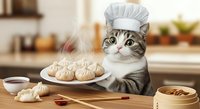 Tabby cat wearing chef hat holding plate of steamed dumplings in kitchen, culinary humor and food preparation concept for cooking content.