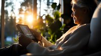 Senior Asian woman using digital tablet at sunset, relaxing in armchair near window with warm golden light and plants, creating cozy atmosphere.