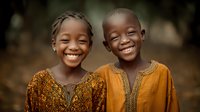 Two happy African children smiling joyfully in traditional orange clothing with intricate patterns, showcasing cultural heritage and childhood friendship outdoors.