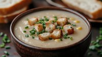 Creamy mushroom soup with golden croutons and fresh herbs in rustic bowl, comfort food for cold days and cozy dining experiences.