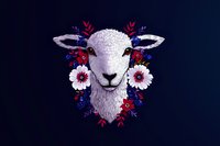 White lamb face adorned with red and pink floral arrangement, decorative leaves on dark blue background, stylized folk art design for textile and merchandise.