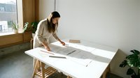 Young woman with dark hair and East Asian ethnicity, wearing a beige linen shirt, reviewing architectural blueprints and design plans on a wooden work table in a bright studio space with natural light from windows.
