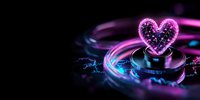 Glowing neon heart shape with electric sparks floating above circular platform against dark background, futuristic love concept with pink and blue light effects.