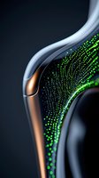 Abstract luxury background with flowing metallic curves and sparkling green particle effects on dark surface, combining copper and silver elements for modern design.