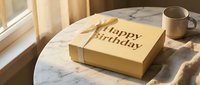 Yellow Happy Birthday gift box with ribbon on marble table near window, warm sunlight, cozy morning atmosphere, celebration concept.