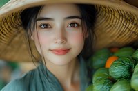 Young Asian woman in straw hat smiling gently, wearing green dress against blurred market background with fresh vegetables. Natural daylight enhances warm skin tones.