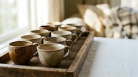 Handcrafted ceramic coffee cups arranged on rustic wooden tray in cozy kitchen setting with natural lighting and firewood background.