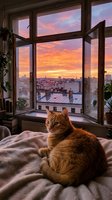 Orange tabby cat sitting on bed gazing at dramatic sunset cityscape through open window, urban rooftop view with golden sky, cozy interior scene for lifestyle and home decor use.