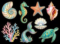 Nautical sea creatures collection with shell, seahorse, starfish, conch, coral, mermaid tail and sea turtle isolated on transparent background. Ready for t-shirt design, clipart, stickers, sublimation and print-on-demand products.
