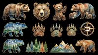 Watercolor bear clipart set with paw prints, compass, mountains, and pine trees, isolated on transparent background. Great for stickers, t-shirt design, and print on demand.