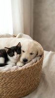 Adorable puppy and kitten sleeping together in wicker basket with cozy blanket, showcasing friendship and companionship in warm home setting.
