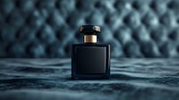 Black luxury perfume bottle with gold cap on dark velvet or silk fabric against tufted upholstery background in moody atmospheric lighting.