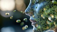 Ethereal profile silhouette with floating luminous particles against dark background creates dreamy atmosphere, suggesting meditation, mindfulness and spiritual awakening.