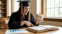 Young Asian woman graduate in cap and gown celebrating with student loan piggy bank while studying at wooden desk in bright library room.